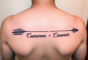 two feminine fine line bow arrows one with the name Cameron and the other with the name Connor tattoo idea