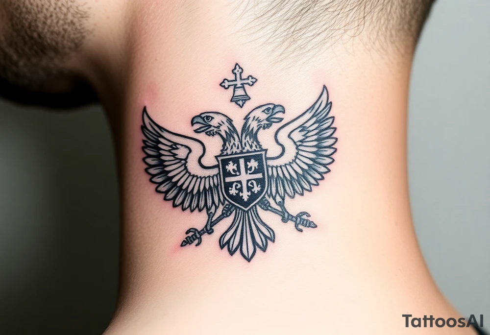 Russian coat of arms with the 2 headed traditional eagles left foot holding a ak47 wand and on the other the tractional orthodox Christian bell with the cross on the top tattoo idea