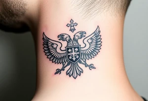 Russian coat of arms with the 2 headed traditional eagles left foot holding a ak47 wand and on the other the tractional orthodox Christian bell with the cross on the top tattoo idea