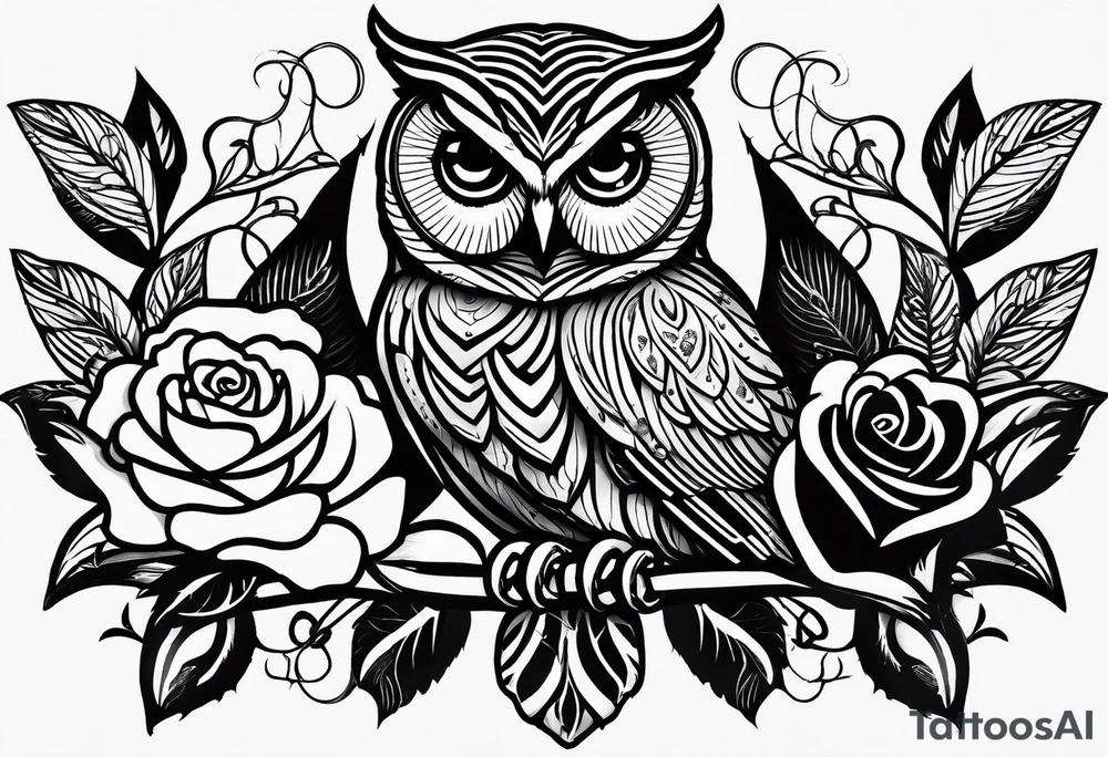 Barred owl and a rose with writing “but the greatest of these is love” tattoo idea