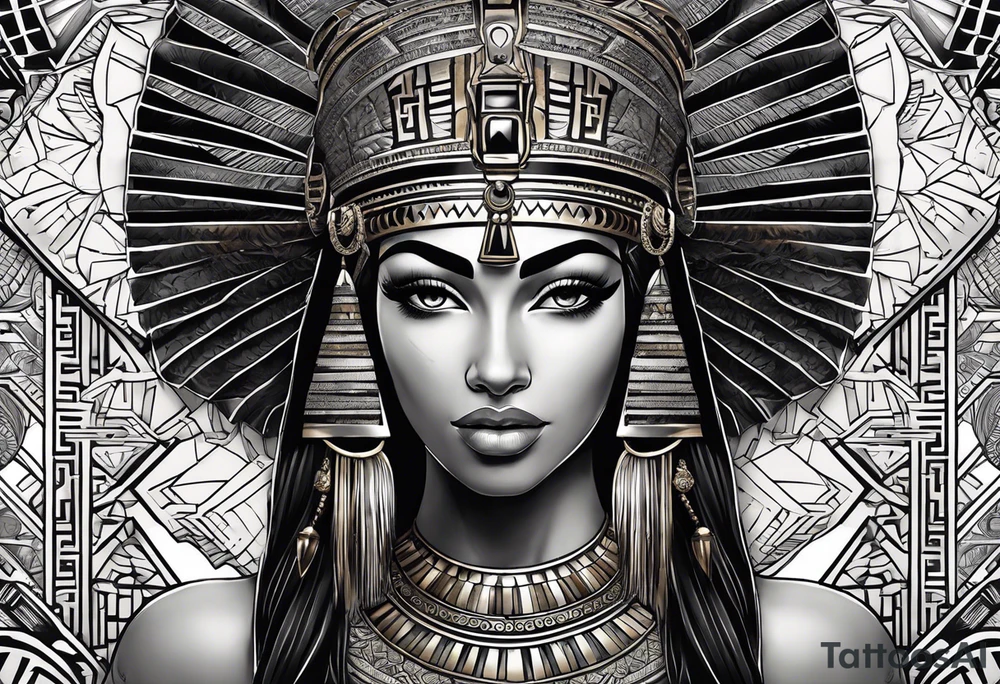 Egyptian figure girl. The figure should be from the hips, featuring a regal headdress and detailed facial markings reminiscent of ancient Egyptian art. Include mystical and symbolic elements such as the Eye of Horus and ankh, blending subtly with geometric background patterns. tattoo idea