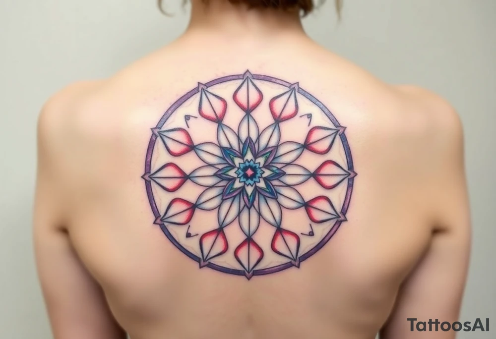 A symmetrical Flower of Life with hexagonal crystal and geometrical details in round cyrcle, enhancing its sacred geometric nature. tattoo idea