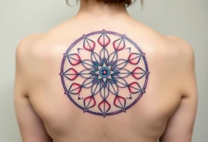 A symmetrical Flower of Life with hexagonal crystal and geometrical details in round cyrcle, enhancing its sacred geometric nature. tattoo idea