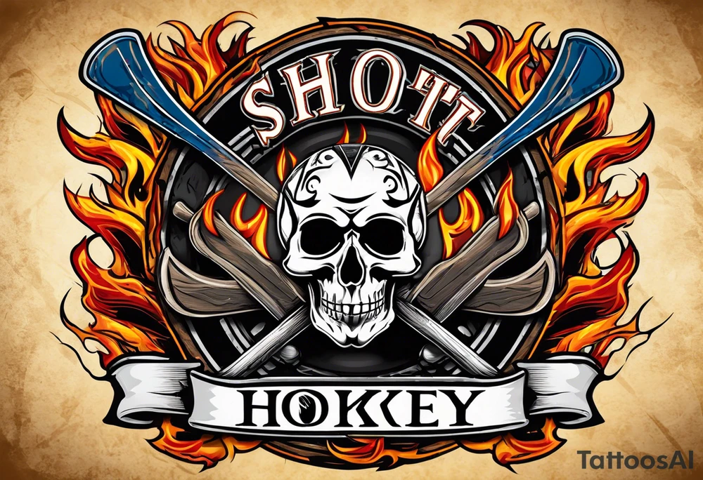 puck with crossed hockey sticks in the background and flames that says "SHOT HOCKEY" tattoo idea