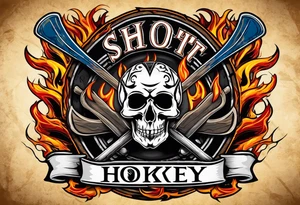 puck with crossed hockey sticks in the background and flames that says "SHOT HOCKEY" tattoo idea