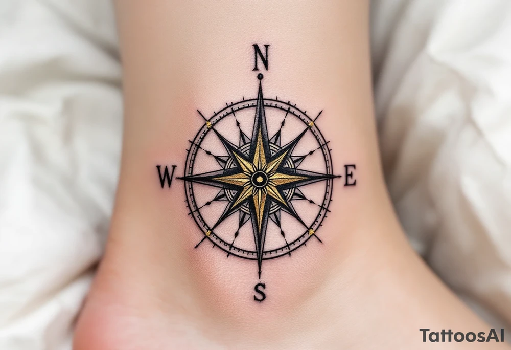 A monochrome compass with gold highlights points toward the path of freedom and adventure. tattoo idea