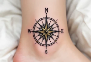 A monochrome compass with gold highlights points toward the path of freedom and adventure. tattoo idea