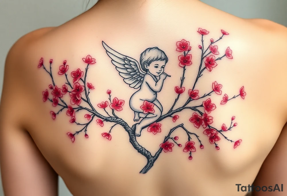 A tatoo in the back of a baby angel on the cherry red blossom tree tattoo idea