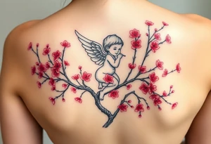 A tatoo in the back of a baby angel on the cherry red blossom tree tattoo idea