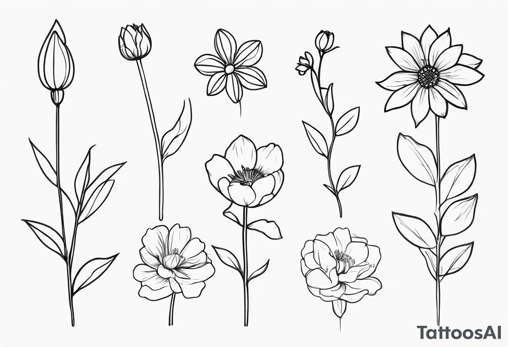 fine line birth month flowers of march may june july all together on one stem tattoo idea