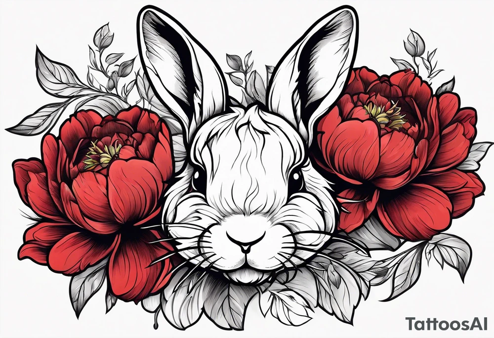 Red peony with small rabbit on petal tattoo idea