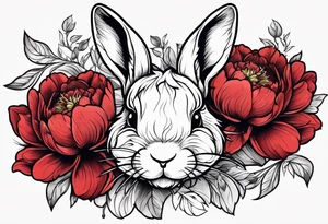 Red peony with small rabbit on petal tattoo idea
