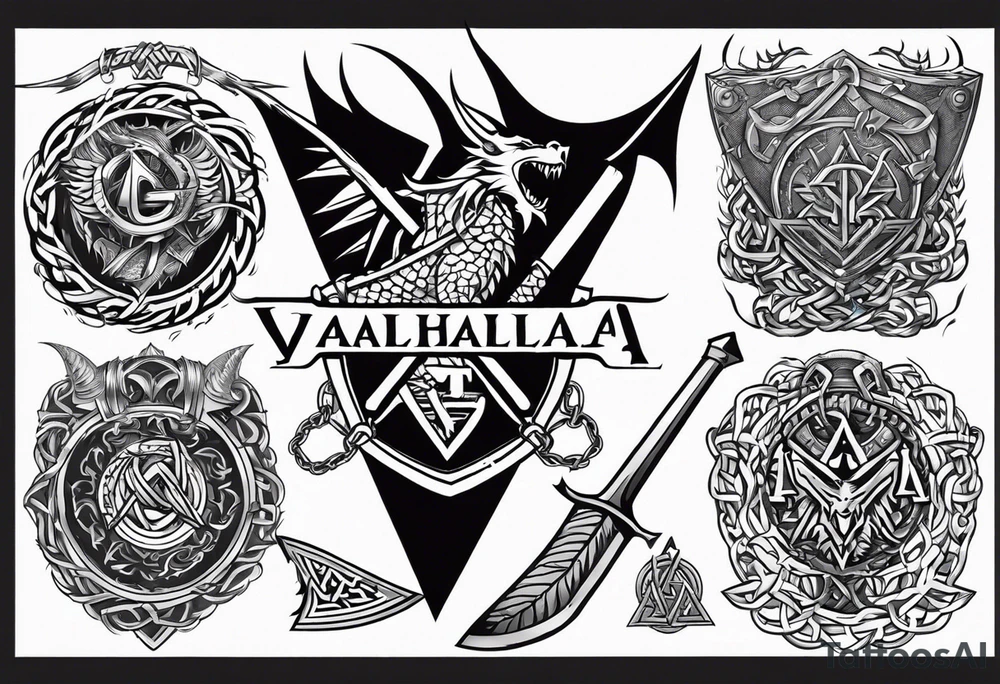 Valhalla sword shield dragon axe Valknut barbed wire chains fire tattoo idea Valhalla sword shield dragon axe Valknut barbed wire chains fire tattoo idea