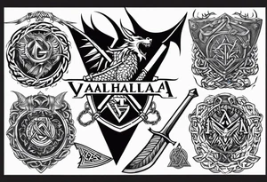 Valhalla sword shield dragon axe Valknut barbed wire chains fire tattoo idea