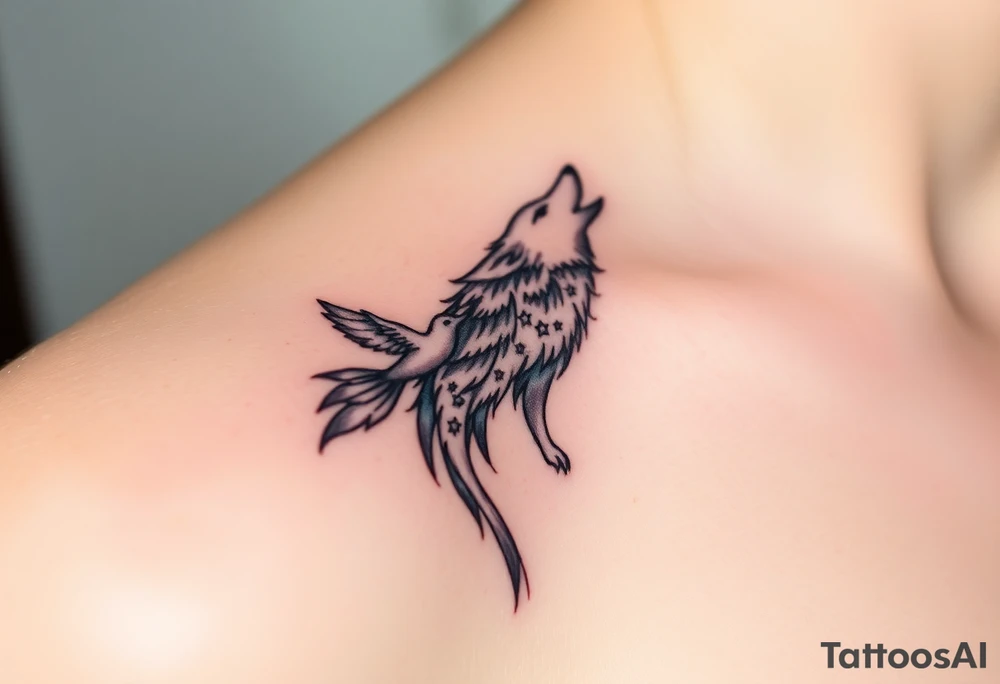 Wolf howling moon stars dove tattoo idea