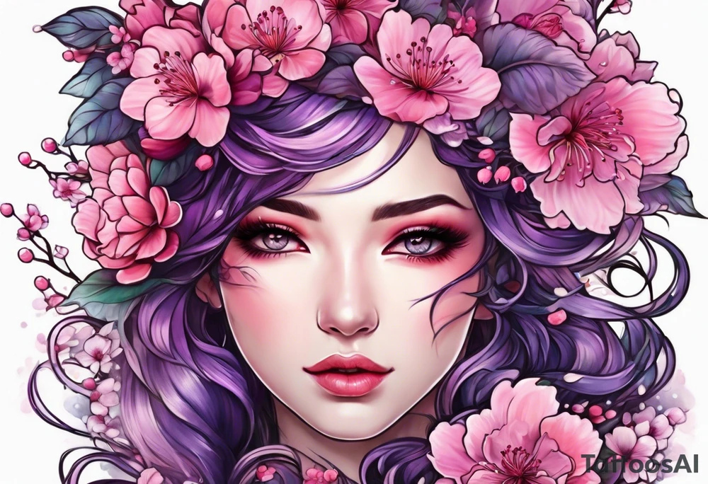 Flower wreath cherry blossoms pinks and purples tattoo idea