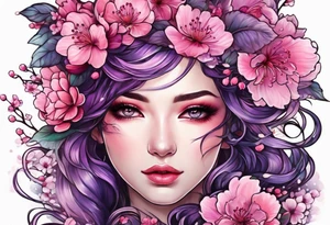 Flower wreath cherry blossoms pinks and purples tattoo idea