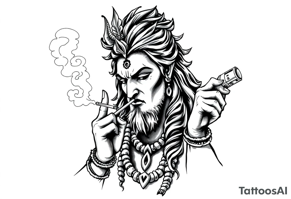 Shiva smoking a joint with one hand and spraying with another hand tattoo idea