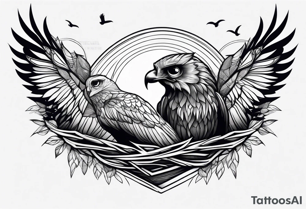 Owl, raven, eagle cuddled in a nest, birdseye view tattoo idea