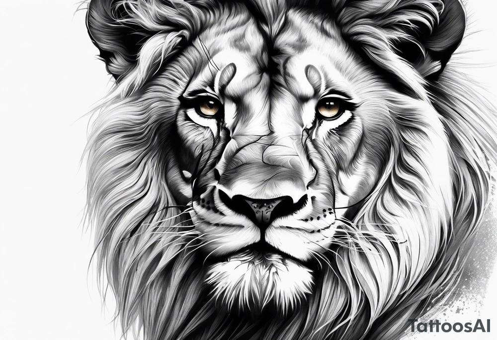 creat a half sleeve from the shoulder to the elbow. The top should have a background that compliments the natural curve of the shoulder. The tattoo should be a powerful lion and a baby cub, looking at their shadow tattoo idea