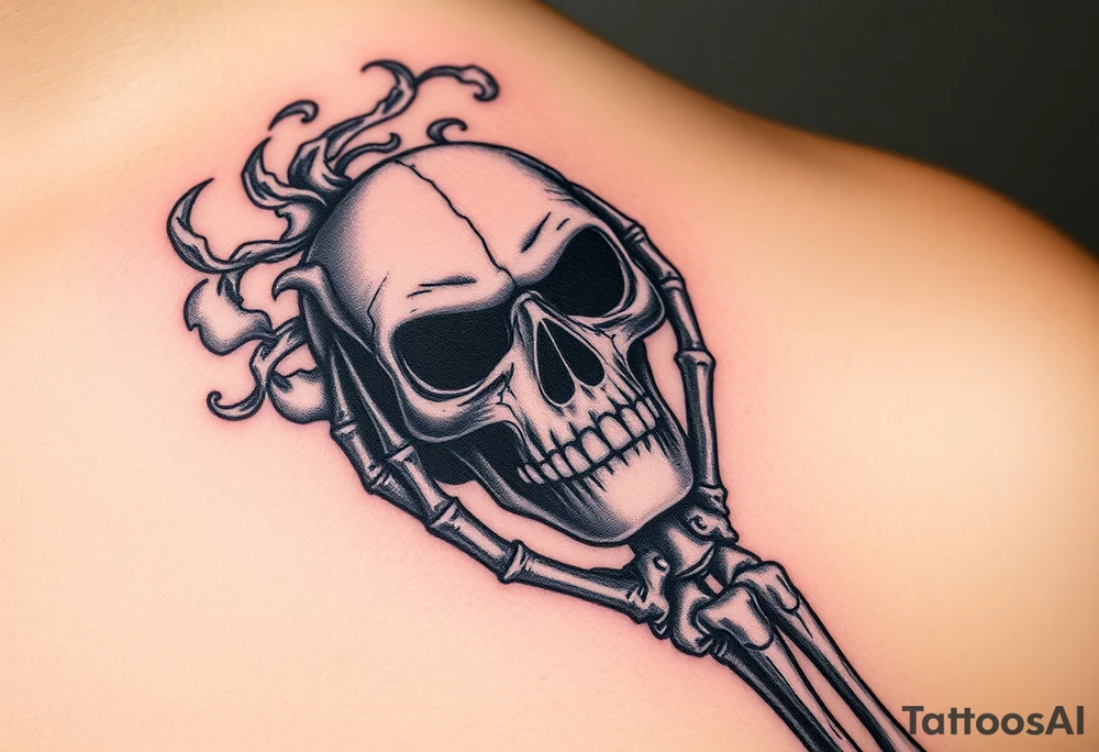 A skeletal hand holding a cracked Death Eater mask, with mist swirling around it, symbolizing secrecy and power tattoo idea