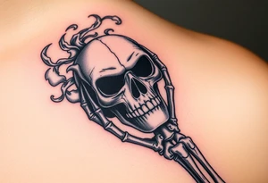 A skeletal hand holding a cracked Death Eater mask, with mist swirling around it, symbolizing secrecy and power tattoo idea