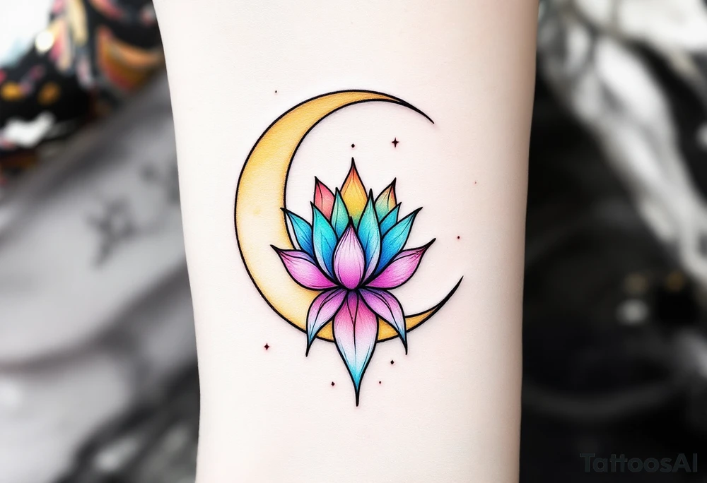 tiny colorful crescent moon with lotus flower tattoo idea