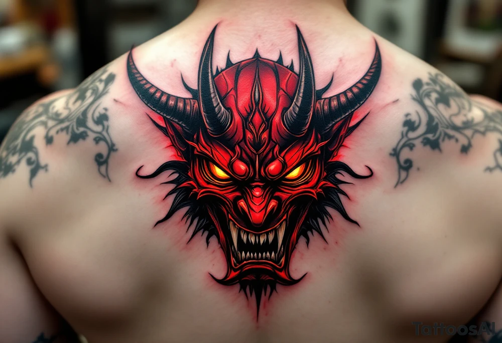 A fierce Hannya mask in deep red and black, with glowing yellow eyes and sharp horns. tattoo idea