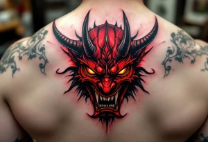 A fierce Hannya mask in deep red and black, with glowing yellow eyes and sharp horns. tattoo idea
