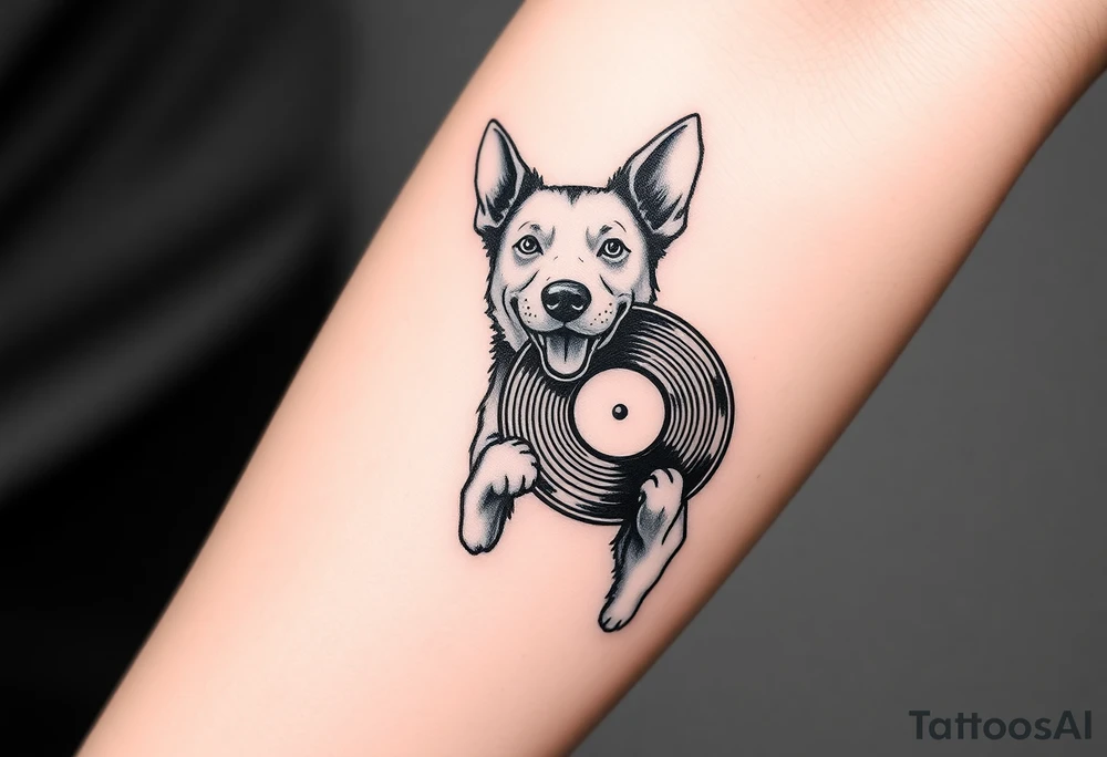 happy dog holding a vinyl record tattoo idea