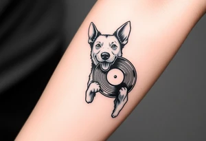 happy dog holding a vinyl record tattoo idea