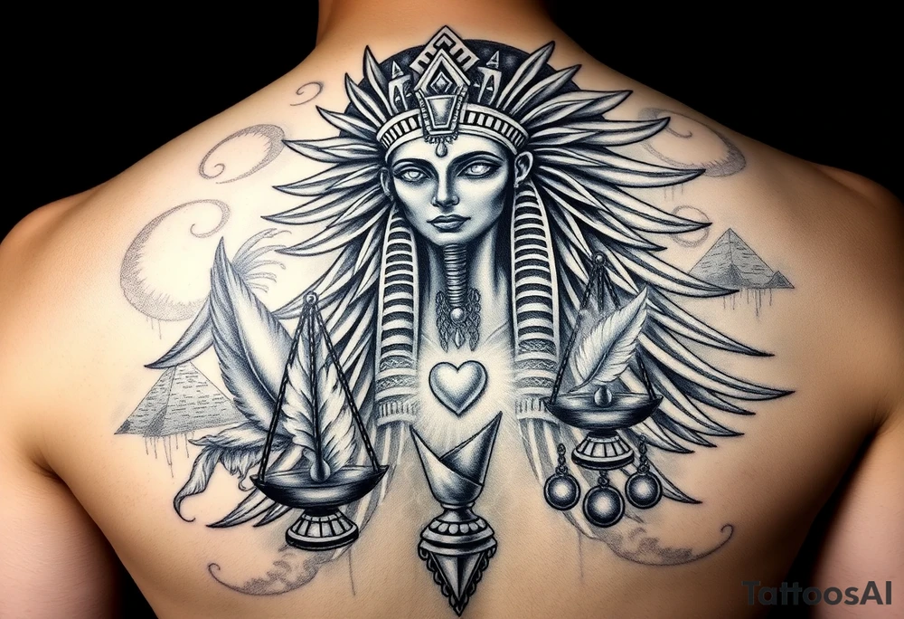 “Super realistic black and grey tattoo of the Egyptian goddess Ma’at, depicted as a regal woman with an ostrich feather headdress, intense glowing eyes, and intricate ancient Egyptian jewelry. She stands or floats amidst swirling cosmic energy and beams of light, with subtle hieroglyphics and pyramids in the background. Incorporate the Scales of Justice—one side holding a heart, the other Ma’at’s feather—glowing with ethereal energy. Emphasize dramatic lighting, deep shadows, and surreal, mystical atmosphere to match a sleeve with Anubis and cosmic motifs. Design should flow with existing sleeve art, using soft transitions and layered textures. tattoo idea