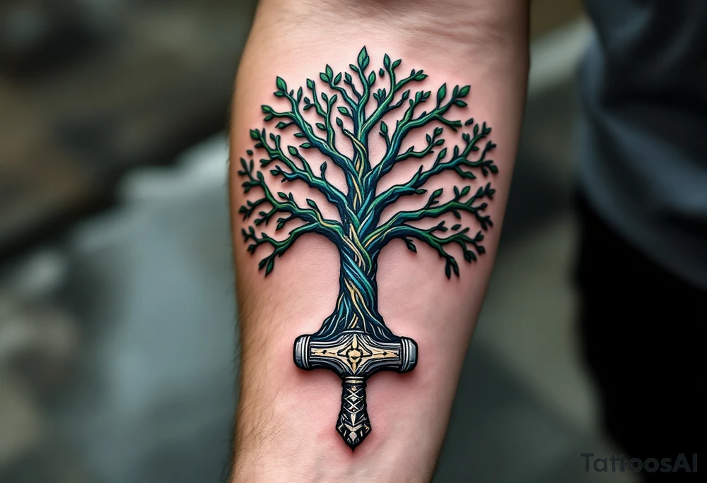 A Nordic tree of life (Yggdrasil) with Mjölnir hammer hanging from one of its branches, in shades of green, blue, and silver. tattoo idea