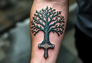 A Nordic tree of life (Yggdrasil) with Mjölnir hammer hanging from one of its branches, in shades of green, blue, and silver. tattoo idea