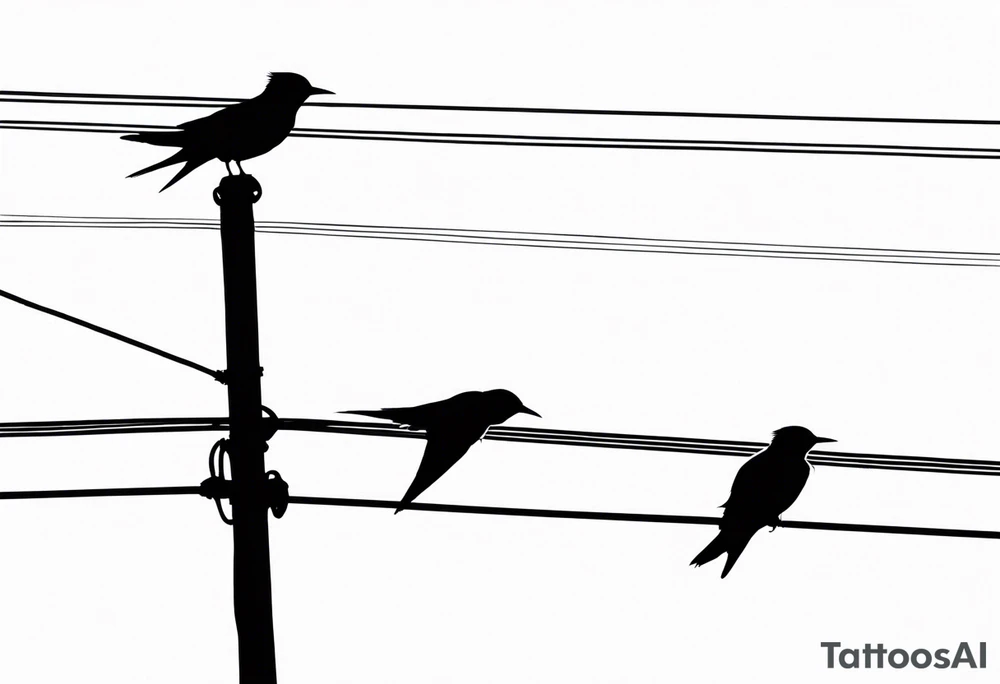 Three Arctic tern Silhouettes on a Power Line. Two are sittint, one is about to fly tattoo idea
