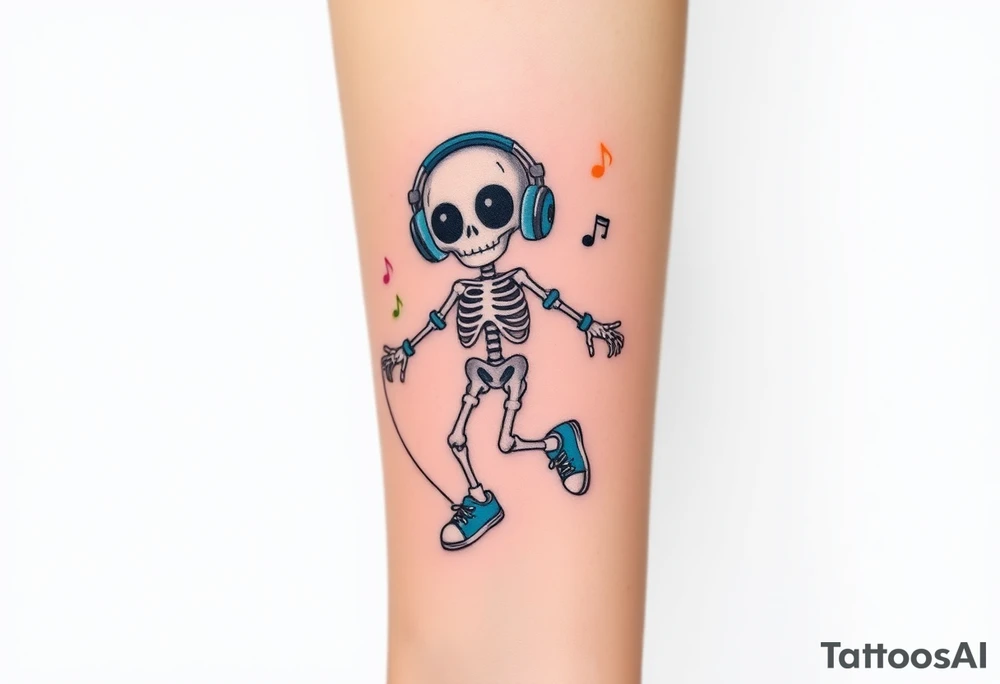 Cute skeleton with dreamy eyes jumping on a jump rope with blue headphones blue armbands blue sneakers and colorful  music notes around his head tattoo idea