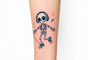 Cute skeleton with dreamy eyes jumping on a jump rope with blue headphones blue armbands blue sneakers and colorful  music notes around his head tattoo idea