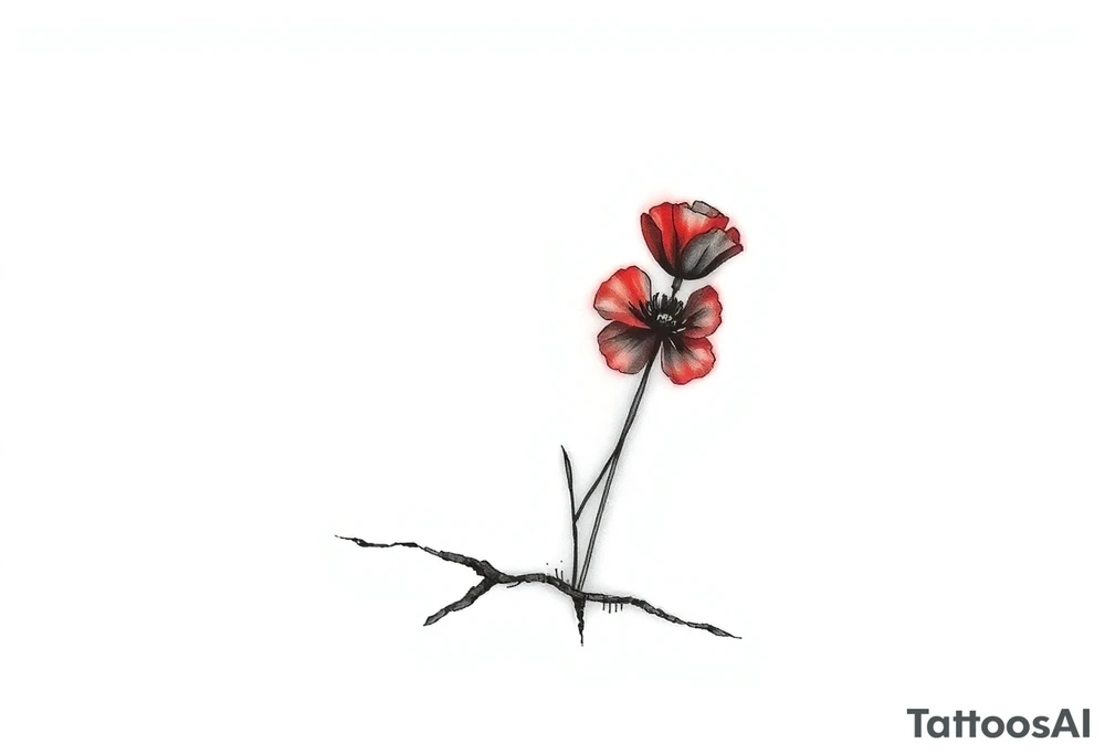 Single line drawing, artsy style, poppy growing up from cracks in pavement red watercolor coloring on poppy only back of ankle/heel or back of upper arm, more artistic rendering of cracks, very minimal/simplistic design tattoo idea