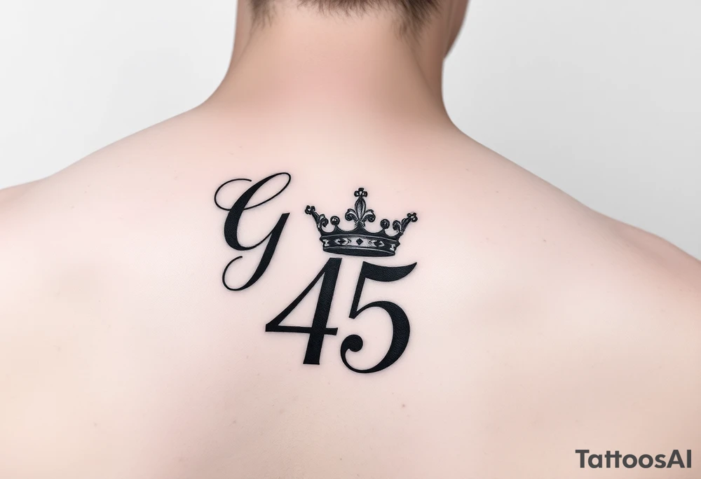 Capital G in handwritten script with a crown tilted to the left covering up the number 45 underneath on the right shoulder tattoo idea