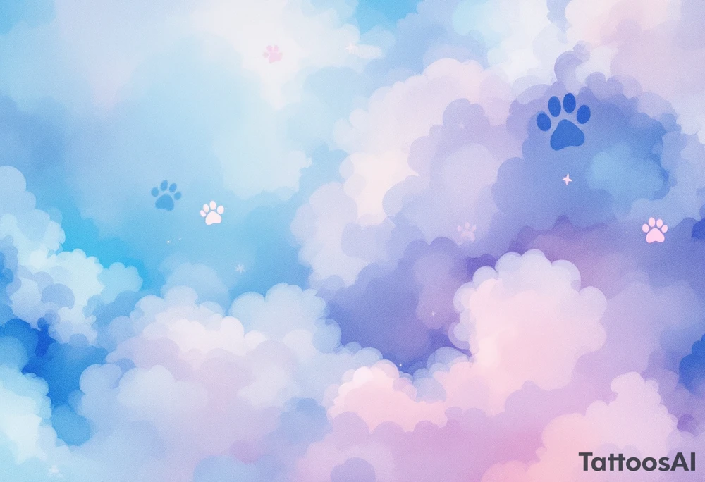 Pastel Cloud Paw Prints – Dreamy cloud-like prints in baby blue, lavender, and soft pink with blurred edges, giving a soft and whimsical look. tattoo idea