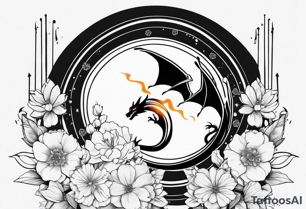 Makes an image that MIXES with lightsabers, charizard, nezuko kamado, or a ring, wands, dragons, WITH FLOWERS tattoo idea