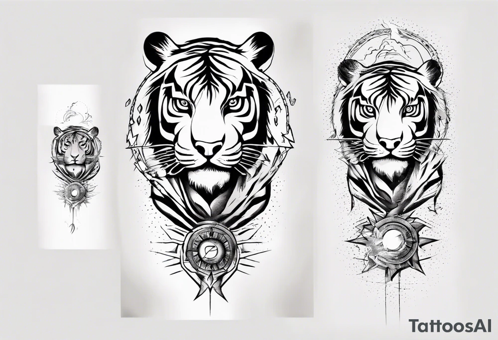 Ancient tiger with lightning and a sun for a forearm sleeve. With patterns surrounding it tattoo idea Ancient tiger with lightning and a sun for a forearm sleeve. With patterns surrounding it tattoo idea