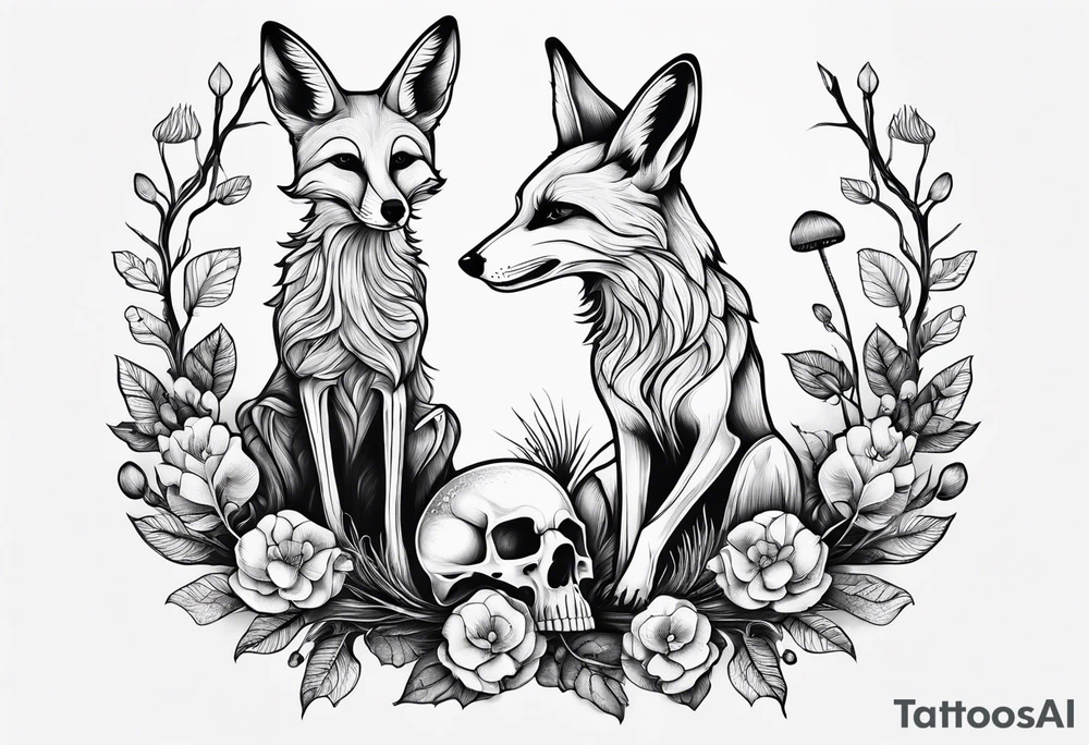 Dear fox skeleton with mushrooms growing out of it, simplistic tattoo idea
