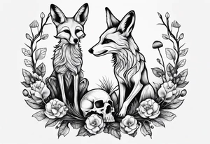 Dear fox skeleton with mushrooms growing out of it, simplistic tattoo idea