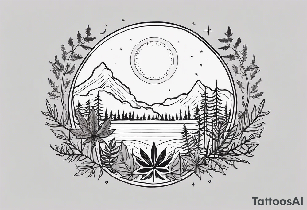 Eclipsed sun with negative space, cannabis plants and other forest botanicals tattoo idea