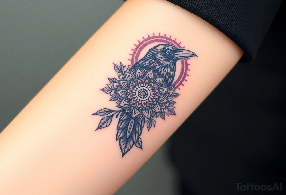 raven with mandala and flowers tattoo idea