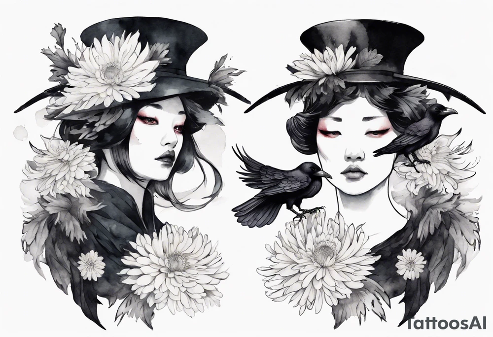 a raven wearing a white chrysanthemum hat tattoo idea