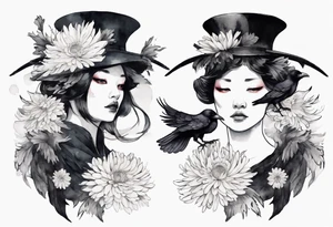 a raven wearing a white chrysanthemum hat tattoo idea
