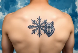 A white snowflake on Blue watercolor backround with two wolf siblings tattoo idea