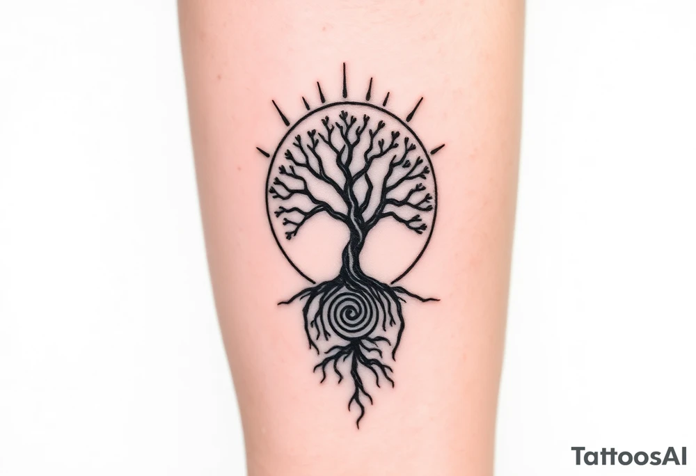Tree inside of sun, spiral circle roots. A spiral line moving to the right tattoo idea